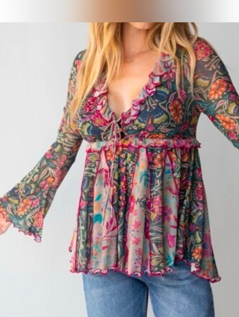 Natural Life ruffle mesh boho blouse with bell sleeves Size Meduim - Picture 2 of 16
